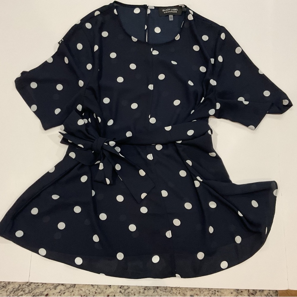 Evan Picone Black Label Navy Polka‑Dot Tie‑Waist Blouse | Size XL (EUC) - Picture 2 of 8